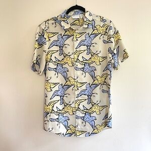 Asos Design Men Shirt Small  All Over Print Birds Button Preppy Bold Streetwear